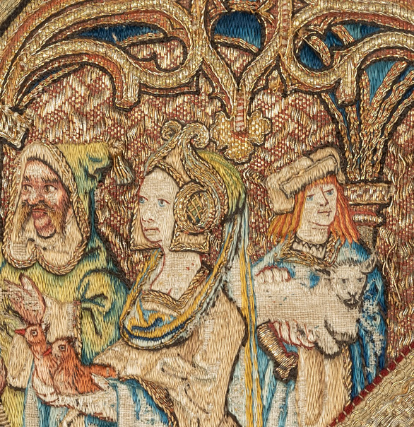 Im Hintergrund der Szene des abgelehnten Opfers Joachims halten eine vornehme Dame und ein Jüngling Tauben und Lamm bereit – beide Opfertiere sind auch übliche Attribute des Heiligen.