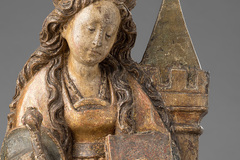 Kunst in Kürze: Die Skulpturen des Meisters von Osnabrück: An der Skulptur der Hl. Barbara sind noch deutliche Reste der einstigen Farbfassung zu erkennen.